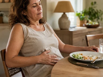 Mulher sentada à mesa com a mão na barriga depois de comer