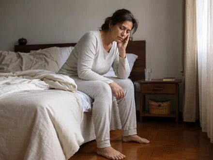 Mulher sentada na beira da cama, cansada, no fim do dia