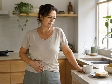 Mulher na cozinha com a mão sobre a barriga pela manhã
