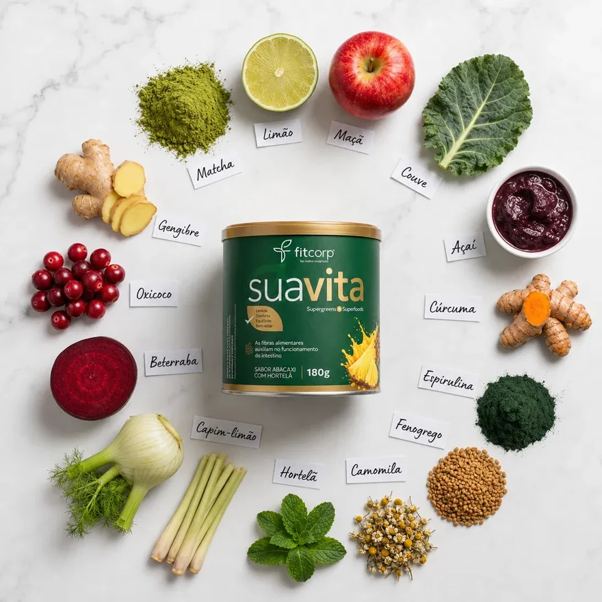 Ingredientes do Suavita dispostos ao redor do pote: matcha, limão, maçã, couve, açaí, cúrcuma, espirulina, fenogrego, camomila, hortelã, capim-limão, beterraba, oxicoco e gengibre